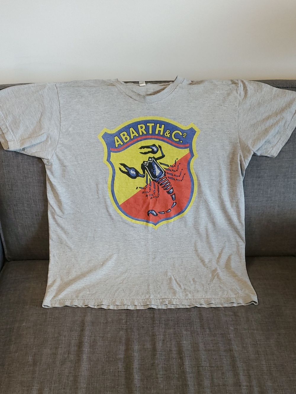 Abarth American Apparel Grey Tee, Shield Logo, Yellow and Red, Scorpion Graphic